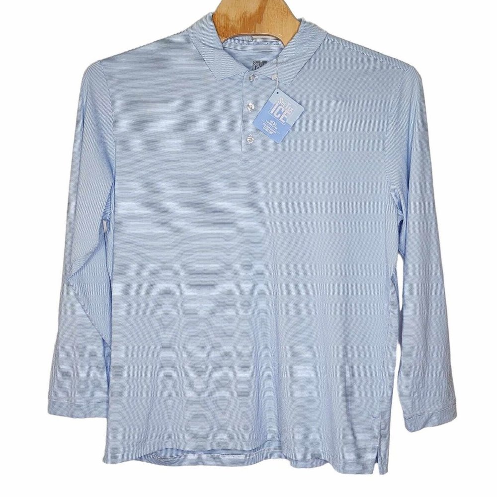 SanSoleil NEW Sol Tek Ice 2XL Blue Striped Men's‎ Long Sleeve Polo Shirt FLAW